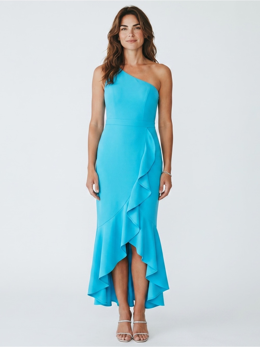 Xscape Turquoise One-Shoulder Midi Dress